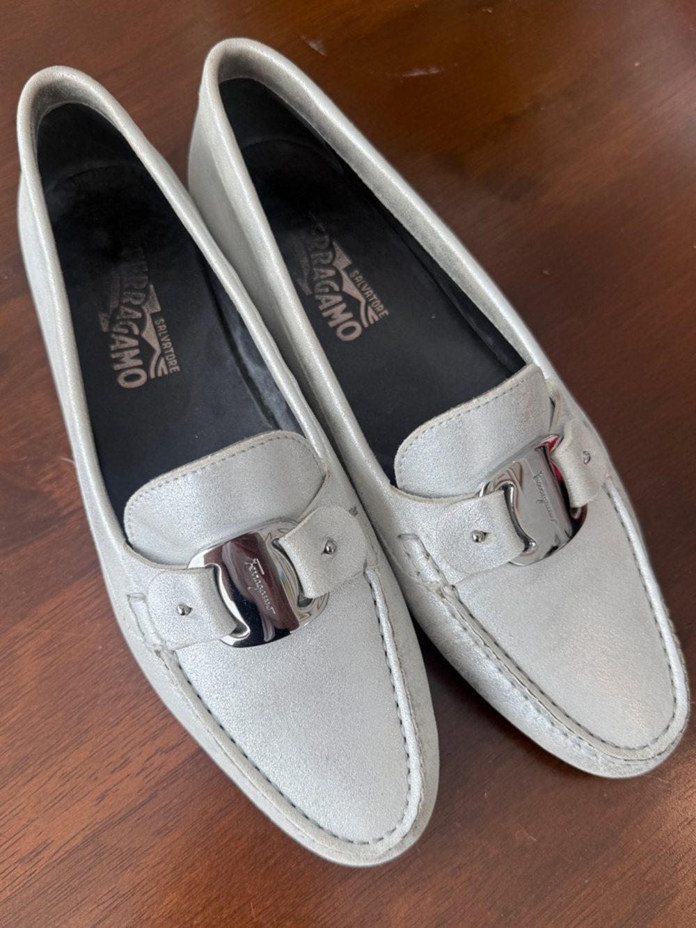 Salvatore Ferragamo Silver Leather Slip-On Loafers